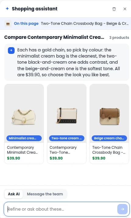 Wilo comparing three crossbody bags in a store's shopping assistant